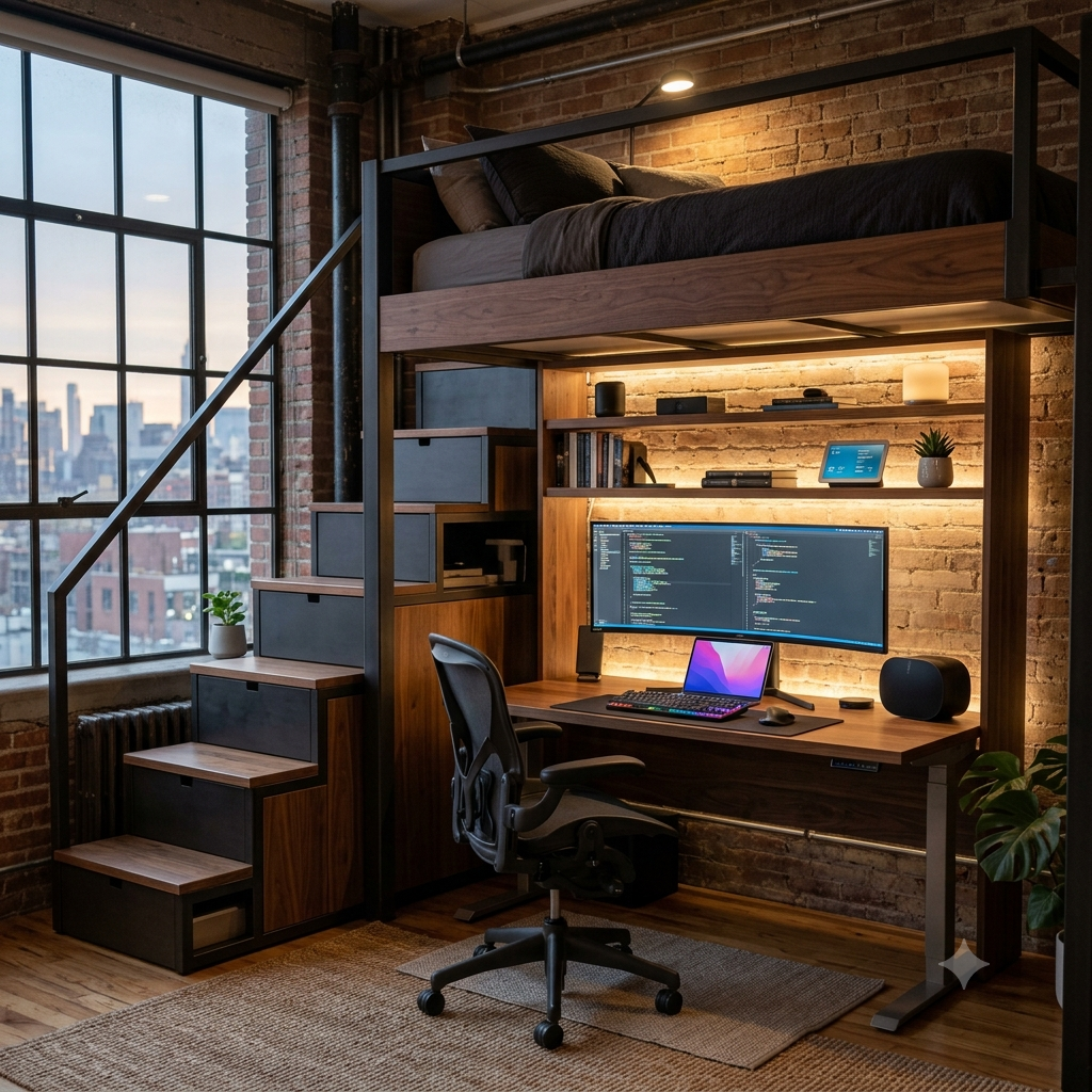 Loft bed with underneath smart home office setup, a two-level architectural solution that positions sleeping space above a fully equipped desk workspace complete with concealed cable management and ambient lighting